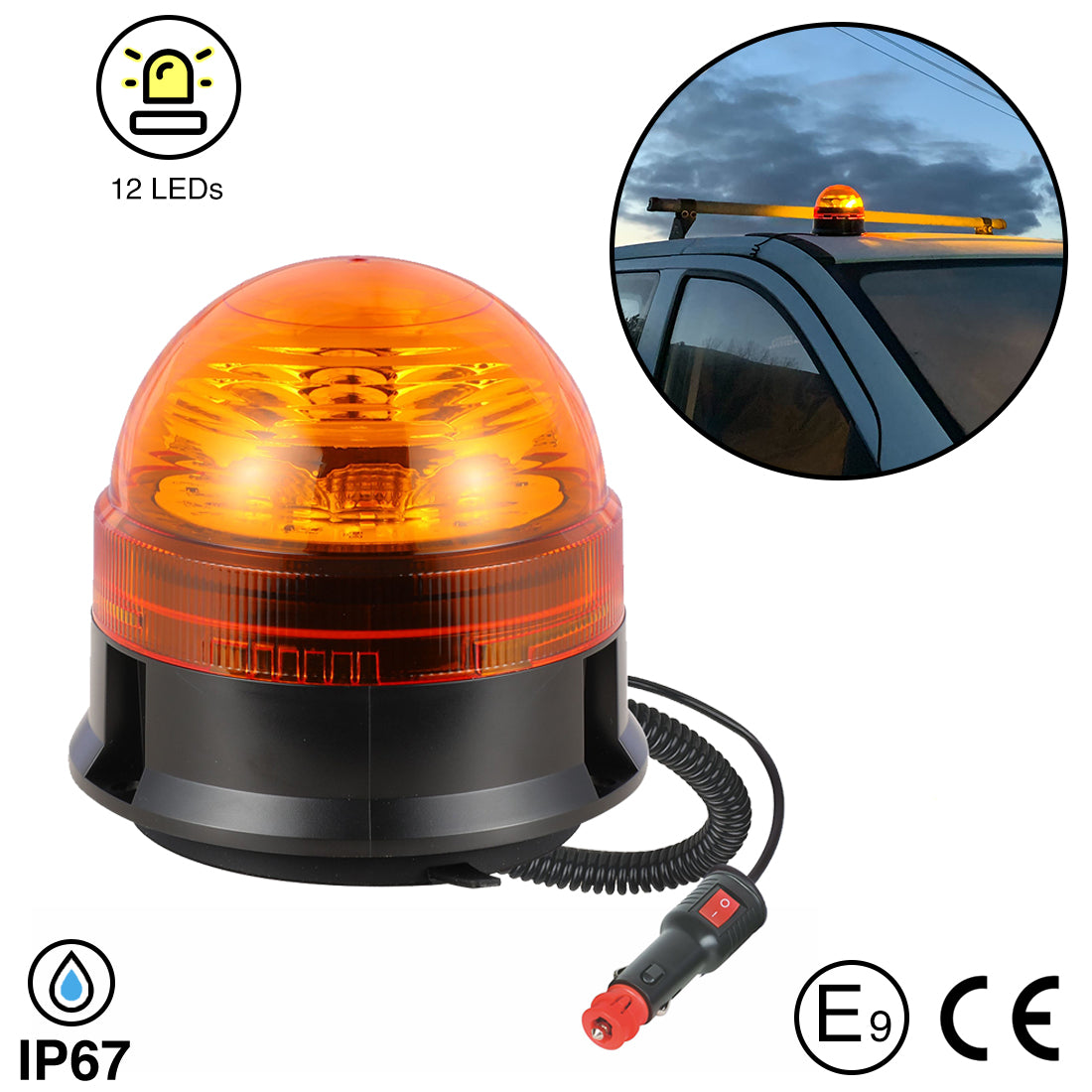 Gwaza Magnetic LED Beacon LED Amber Lens Low Profile Magnetic 12/24V
