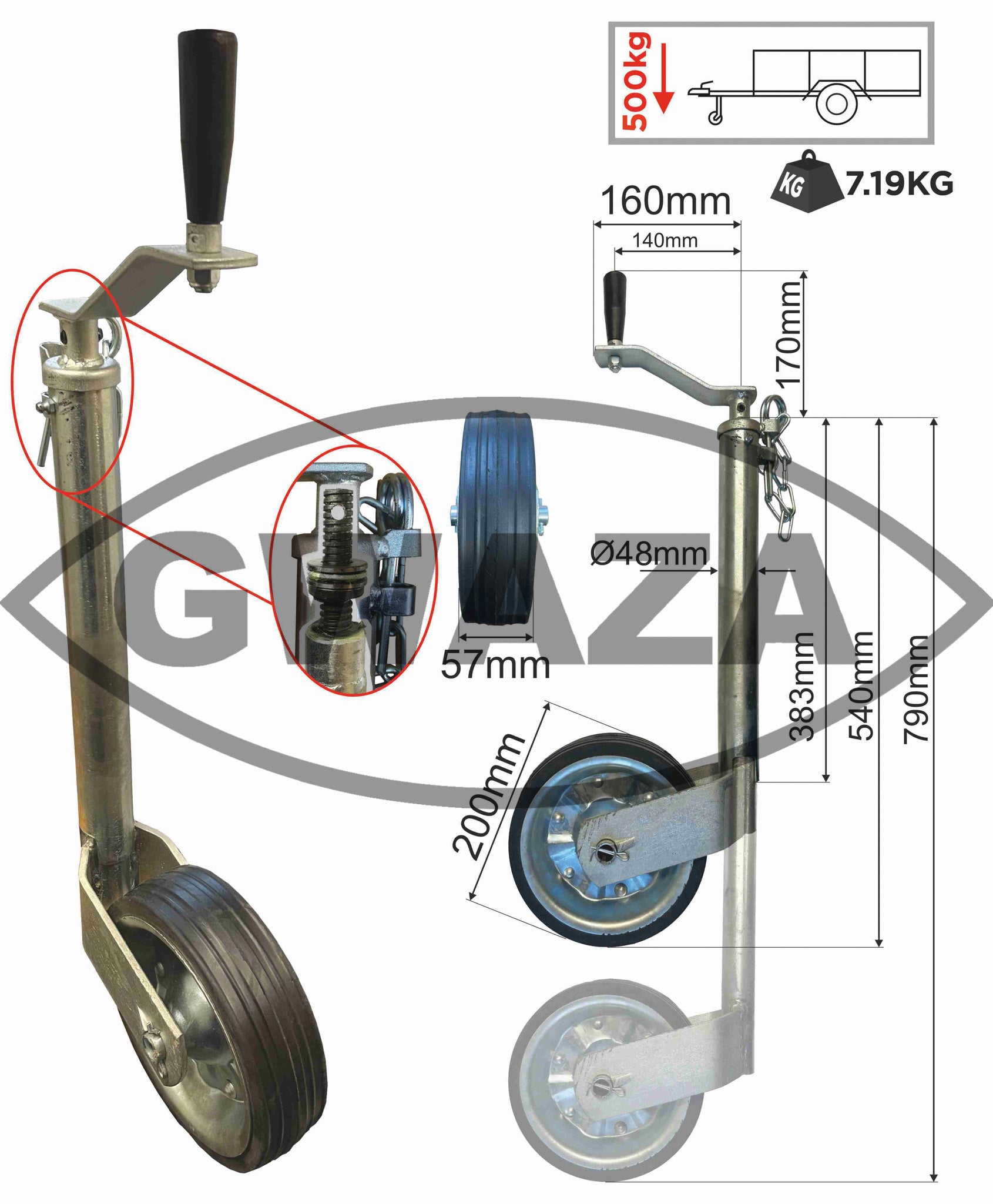 Jockey Wheel No Clamp 48mm N.W.L 500kg