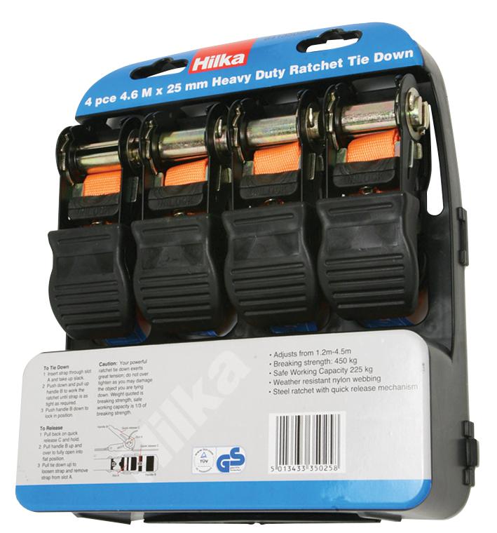 4 Piece Ratchet Tie Down Set, 4.6m x 25mm